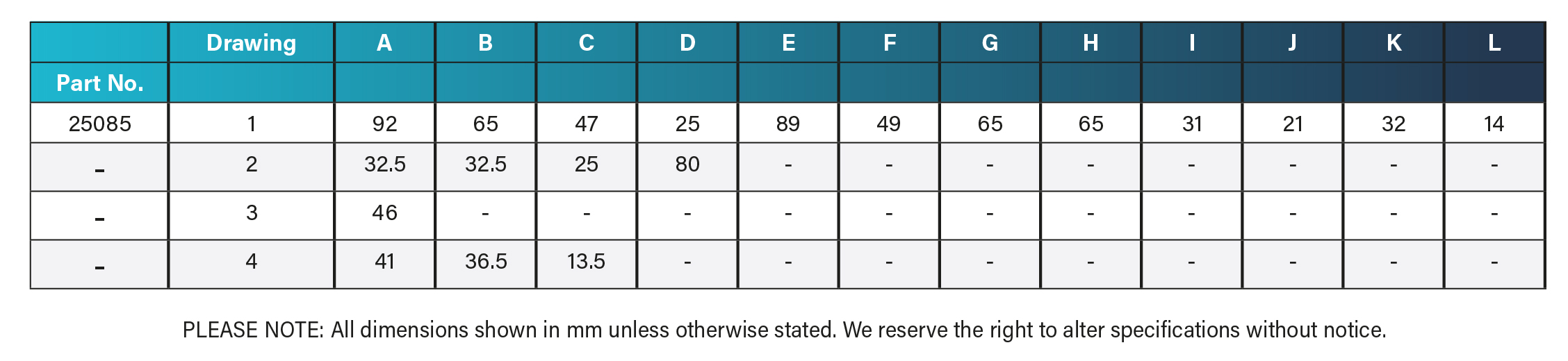 Specification-Table